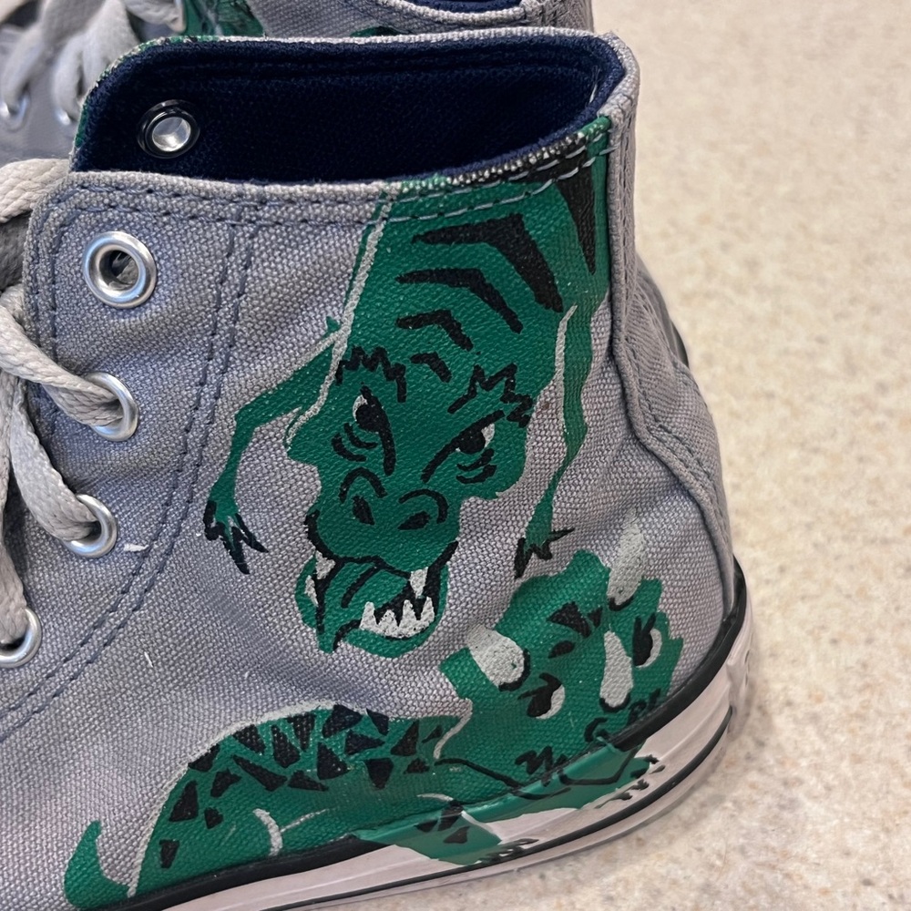 Converse All Star High Top Kids Size 3 Dinosaur Shoes Gray Green Canvas rare - Picture 7 of 14